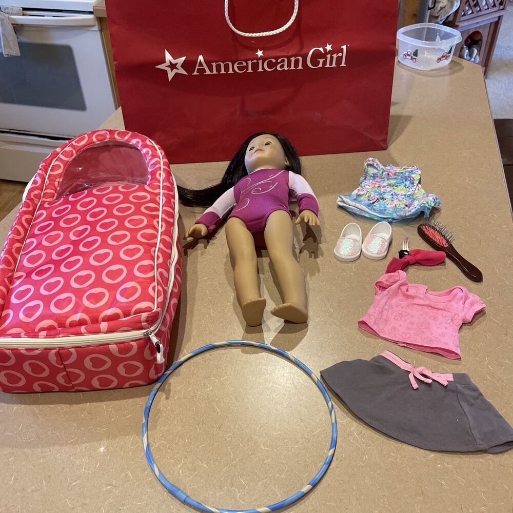 American Girl Doll LOT GIFT Dark Hair Blue Eyes Case Clothes Shoes Gymnastics